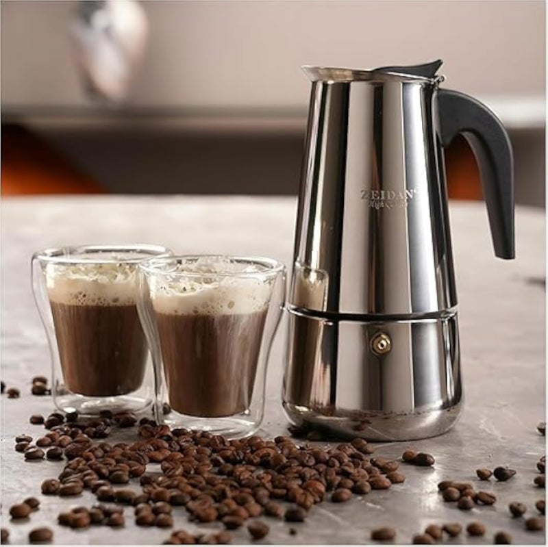 Stovetop Espresso Pot, Stainless Steel, 4 Cup Coffee Percolator, Stainless Steel 200mm, Provide You with the Perfect Coffee Experience, Easy to Use, Suitable for All Tastes.